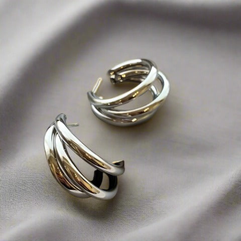 Sliver Tripple Layer Half Hoop Earrings