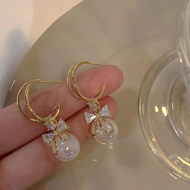 Crystal Pearl Bow Drop Earring