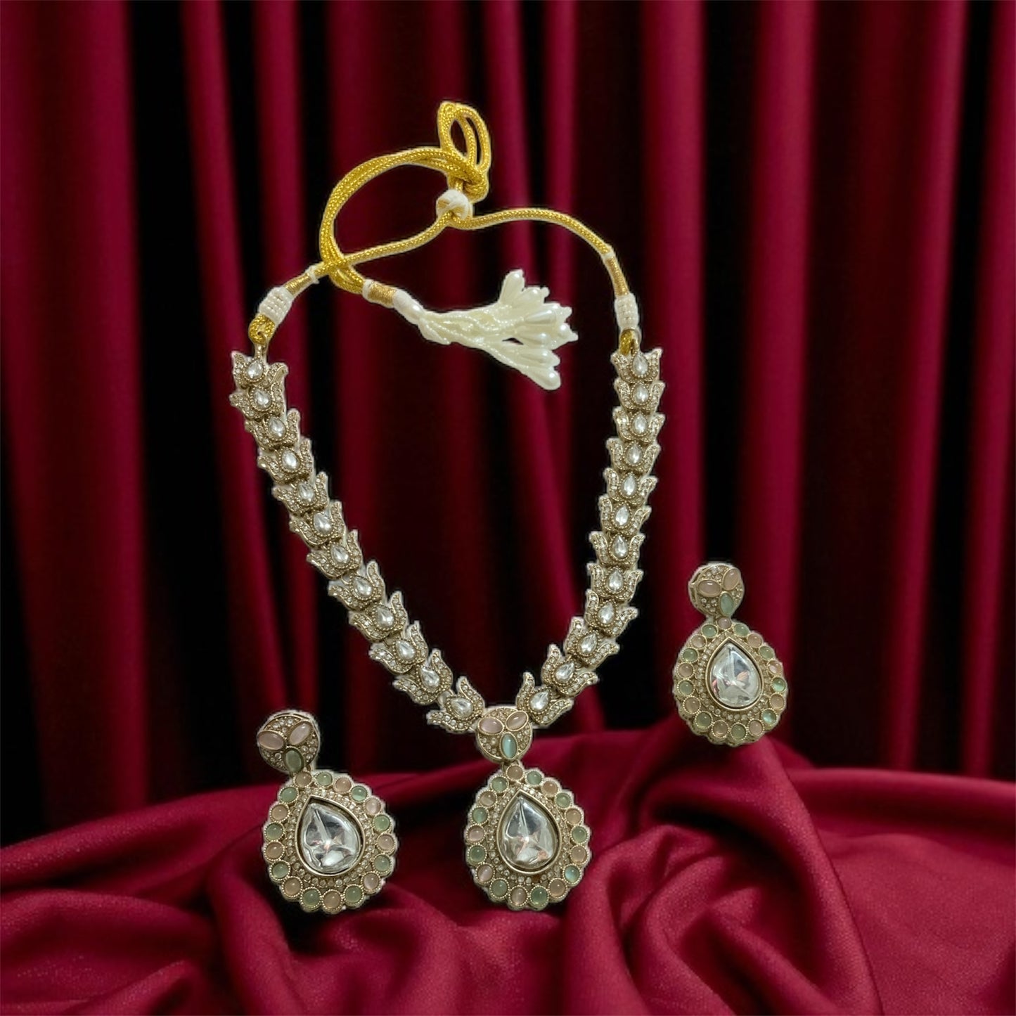 Pestal Pink-Green Kundan Jewellery Set