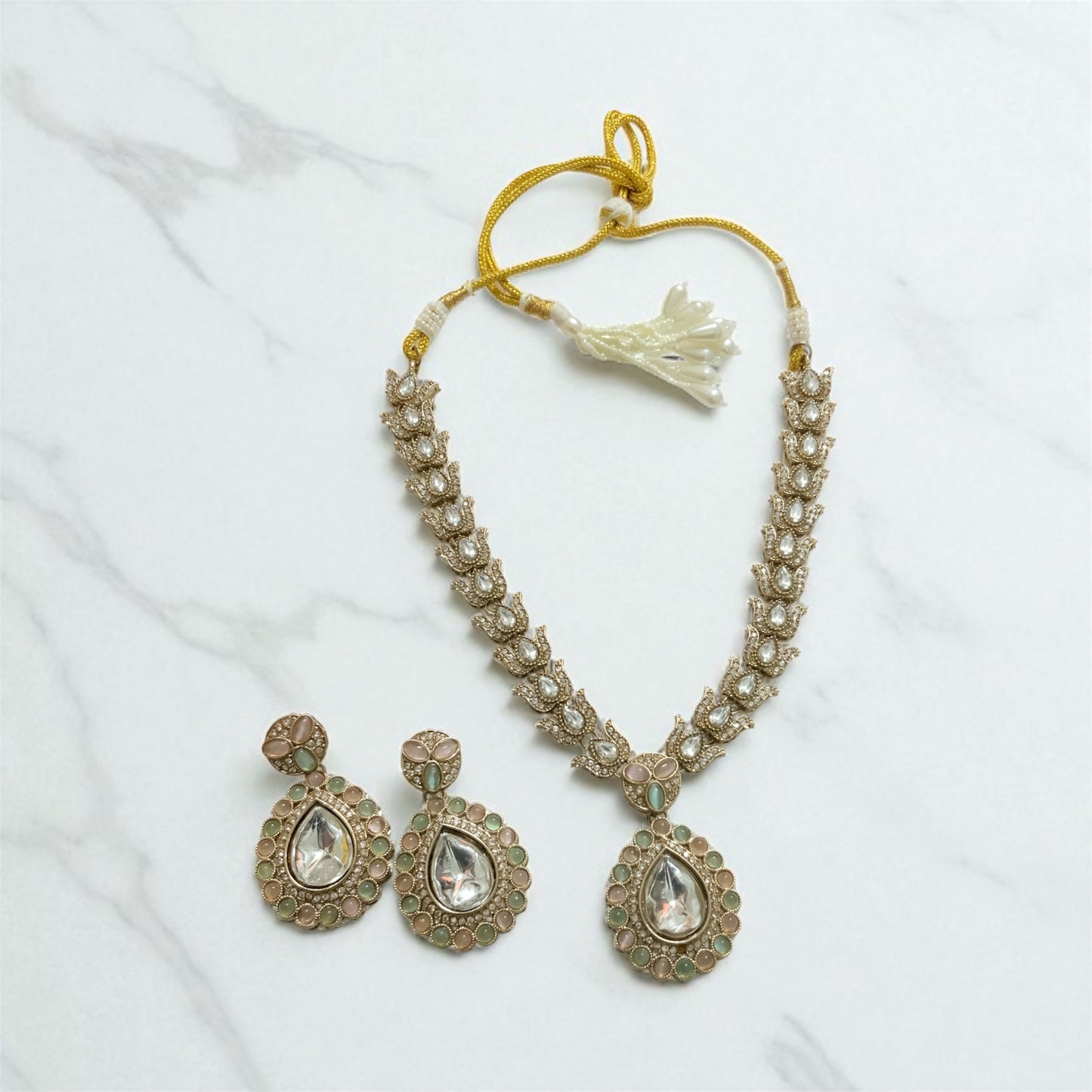 Pestal Pink-Green Kundan Jewellery Set