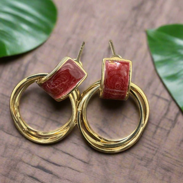 Red Stone Hoop Earrings