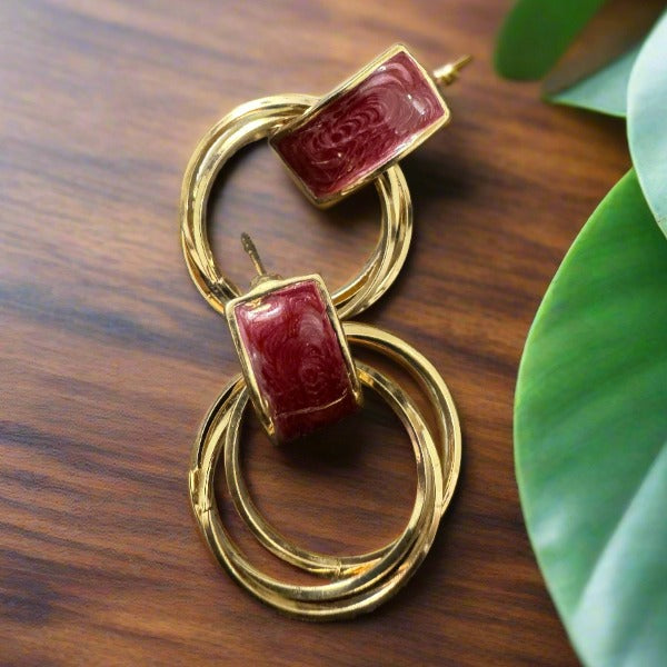 Red Stone Hoop Earrings