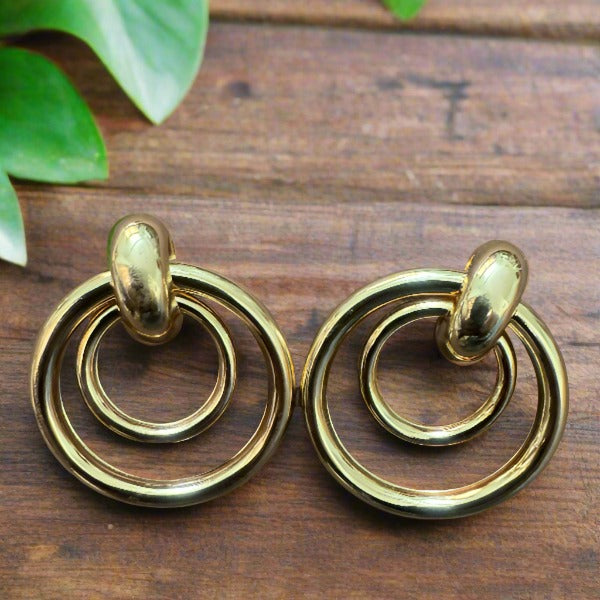 Golden Two Layer Ring Shaped Drop Earrings