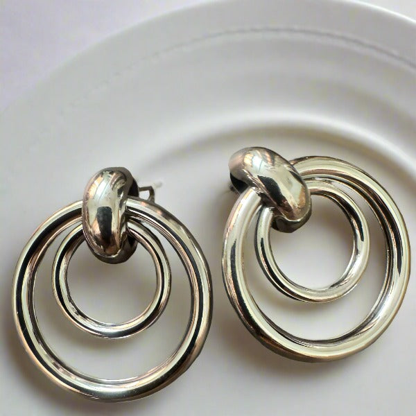 Sliver Two Layer Ring Shaped Drop Earrings