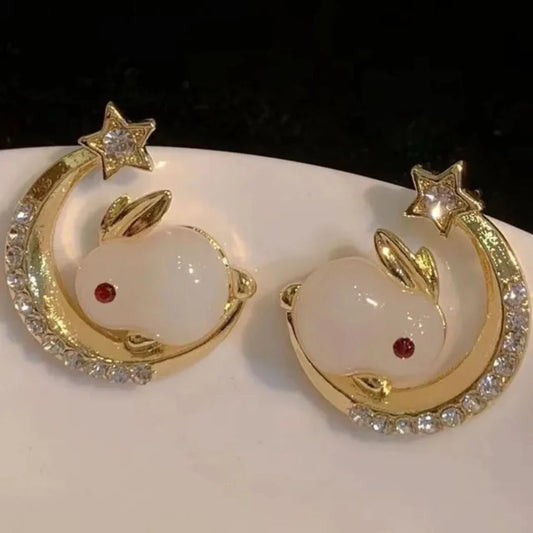 Half Moon Stone embedded Rabbit Earrings