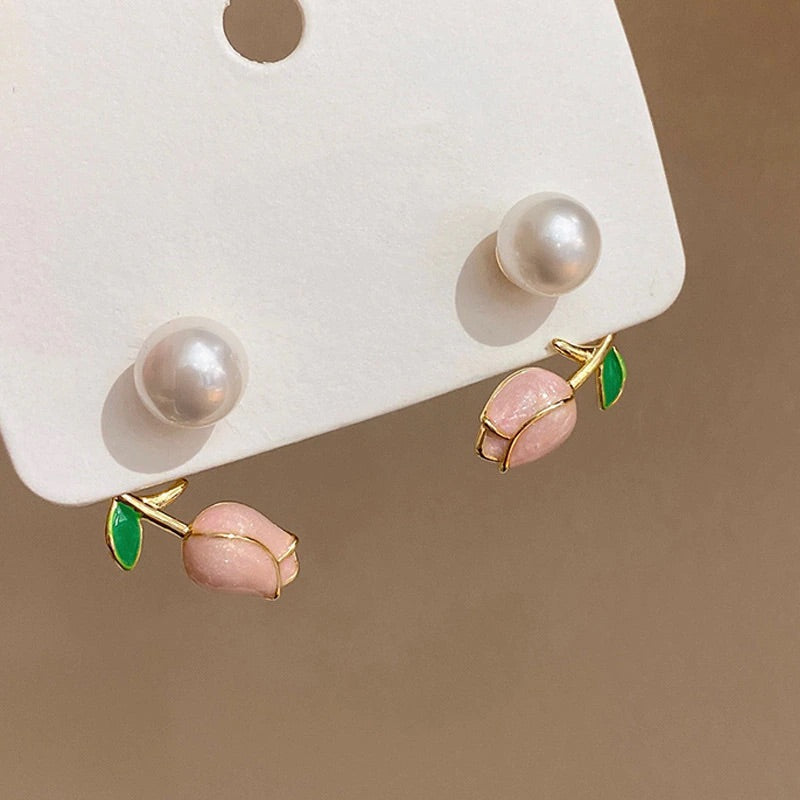 Pink Daisy Flower Pearl Earring