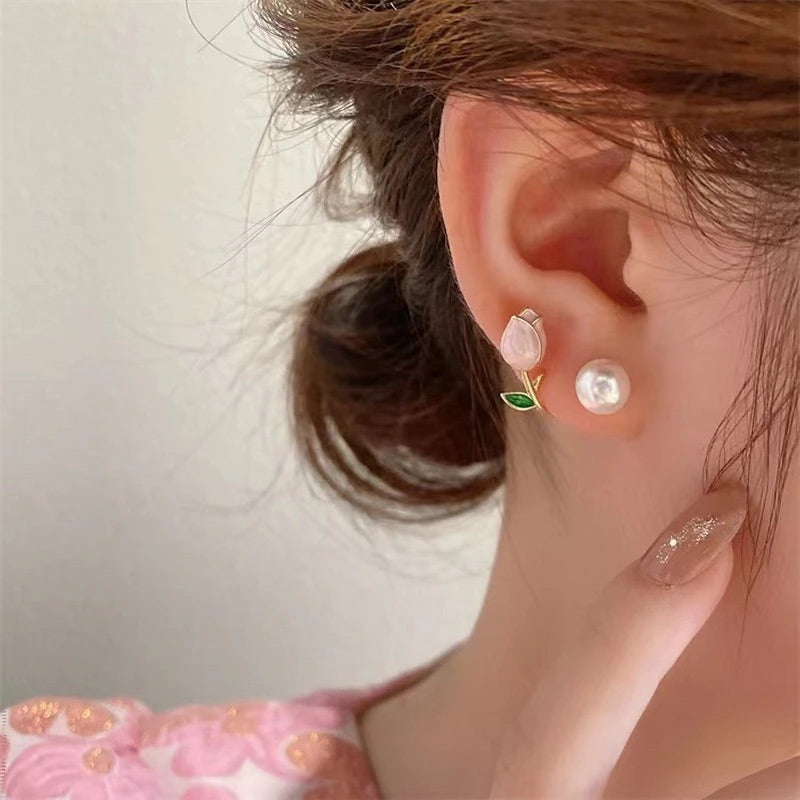 Pink Daisy Flower Pearl Earring