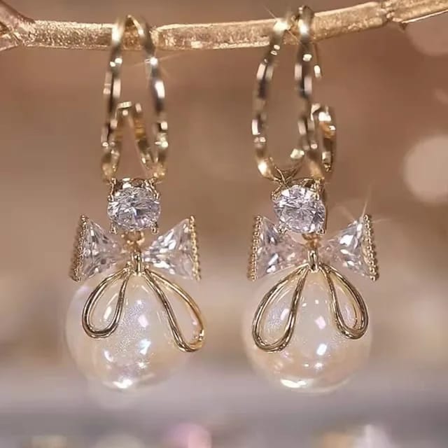 Crystal Pearl Bow Drop Earring