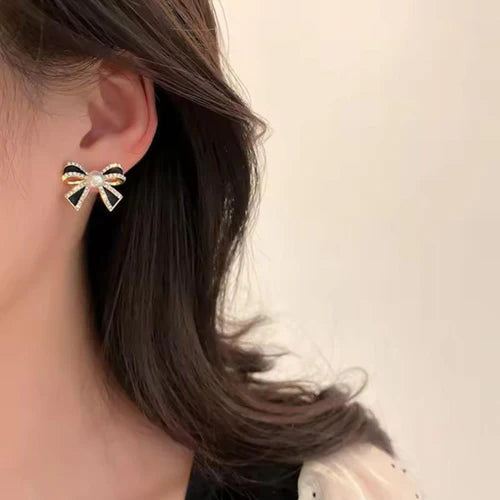 Black Bow with Pearl Studs