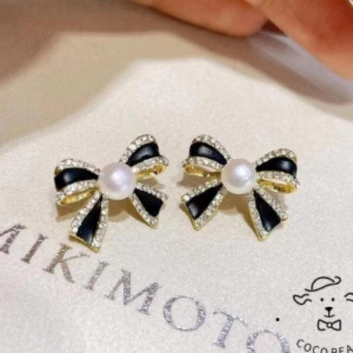 Black Bow with Pearl Studs