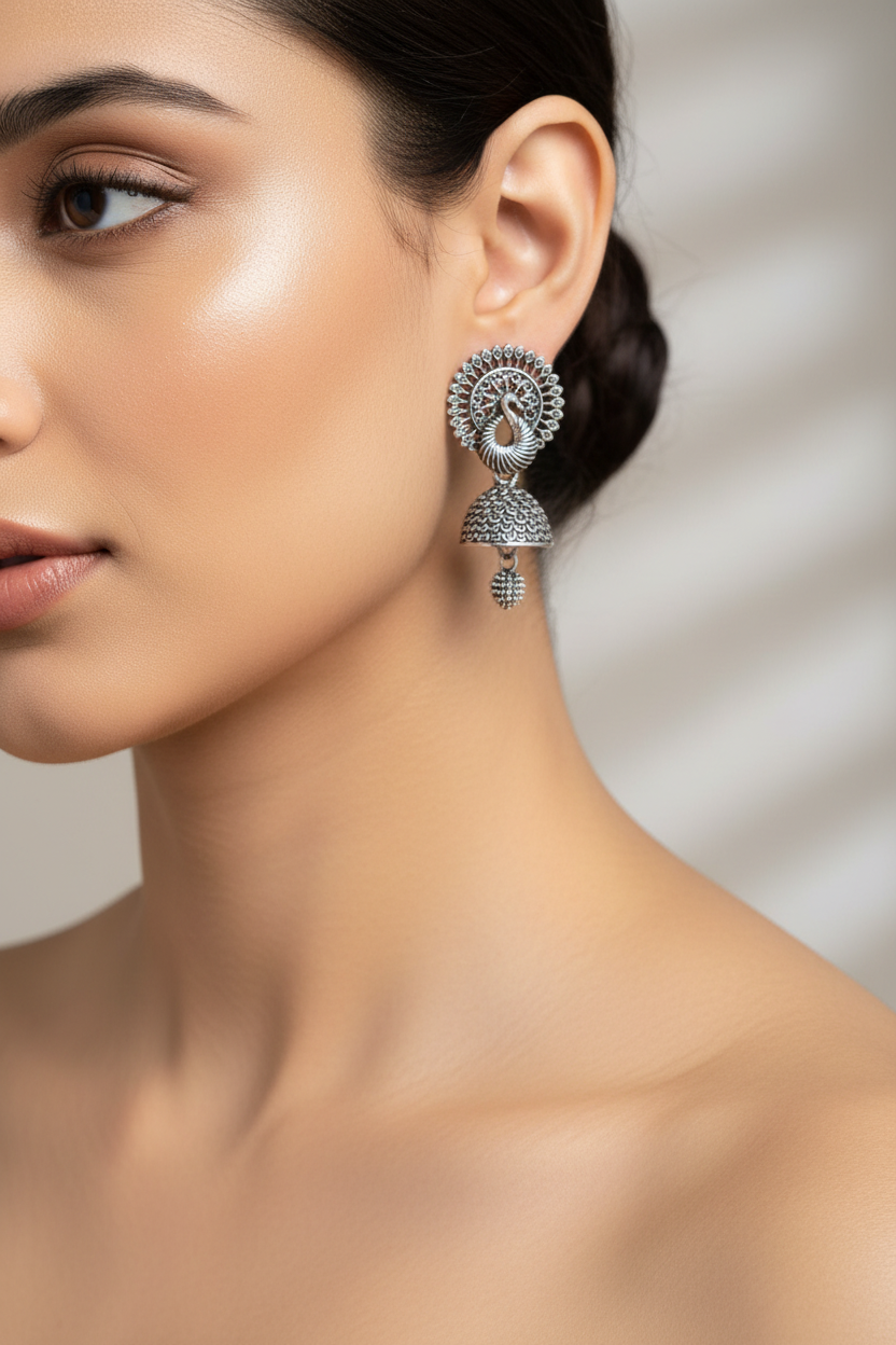 Oxidised Dancing Peacock JHUMKA