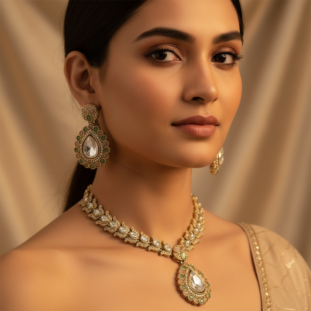 Pestal Pink-Green Kundan Jewellery Set