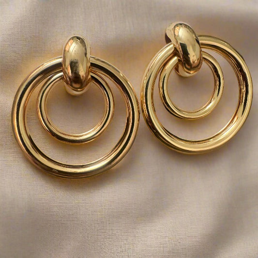 Golden Two Layer Ring Shaped Drop Earrings